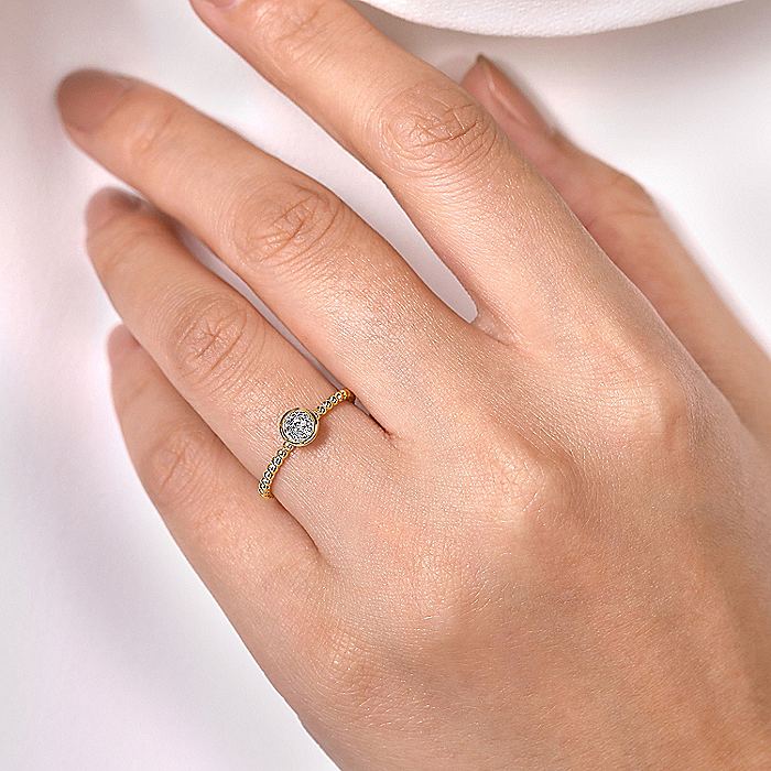 Gabriel & Co Yellow Gold Round Bezel Set Diamond Cluster Ring with Bujukan Beaded Shank