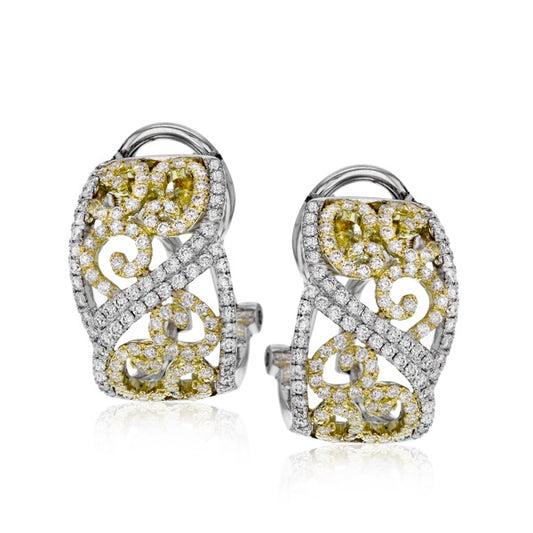 Pair Of Ladies Simon G. 18 Karat White And Yellow Gold Fashion Swirl Earrings With Omega Backs - Diamond Earrings