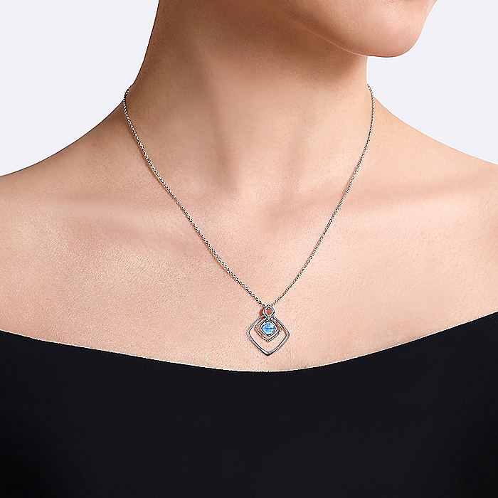 Gabriel & Co Sterling Silver Layered Squares Necklace with Blue Topaz Drop