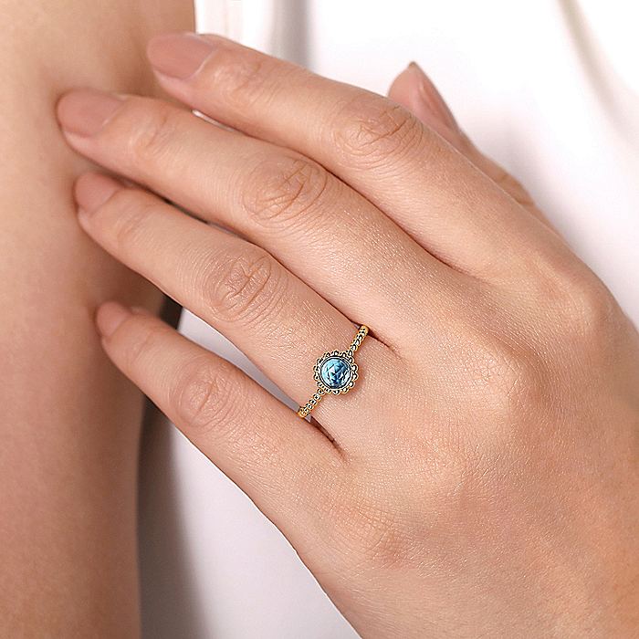 Gabriel & Co Yellow Gold Round Blue Topaz Bujukan Beaded Ring