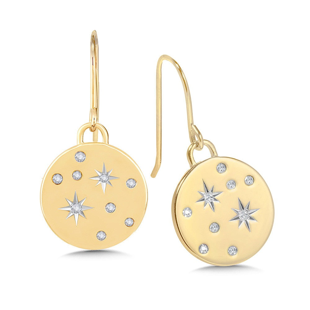 Yellow Gold Flat Gold Disc Scattered Star Diamond Drop Earrings