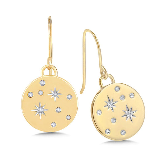 Yellow Gold Flat Gold Disc Scattered Star Diamond Drop Earrings - Diamond Earrings