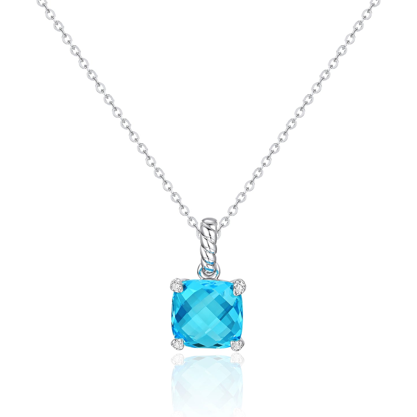 Luvente 14 Karat White Gold Cushion Cut Blue Topaz and Diamond Pendant