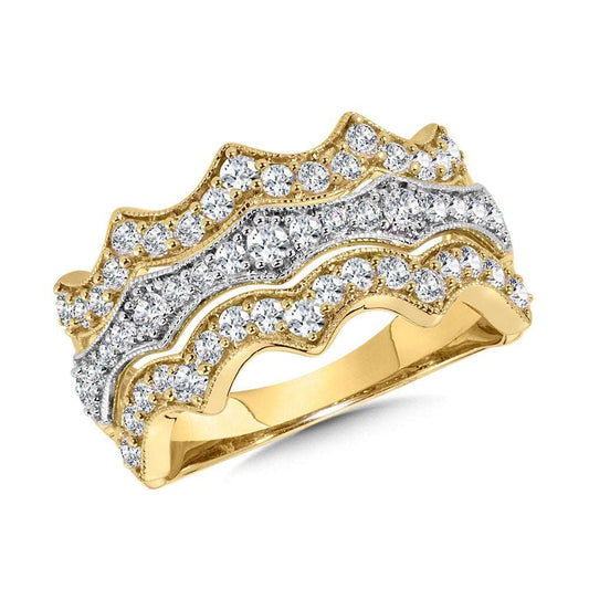 14 Karat White and Yellow Gold Diamond Three Row Milgrain Chevron Anniversary Band - Diamond Fashion Rings - Women's