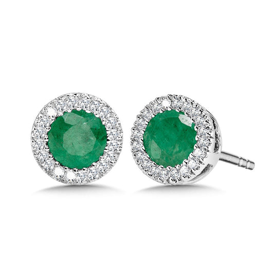 White Gold Round Emerald Diamond Halo Stud Earrings - Colored Stone Earrings