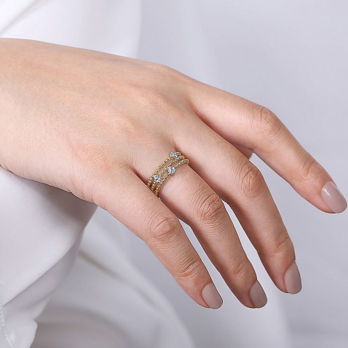Gabriel & Co Yellow Gold Three Row Beaded Ring with Pave Diamond Cluster Stations