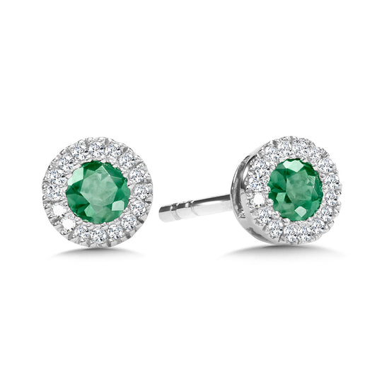 White Gold Round Halo Emerald and Diamond Earrings - Colored Stone Earrings