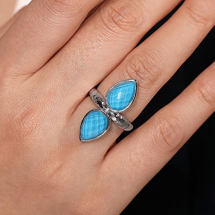 Gabriel & Co Sterling Silver Double Pear Rock Crystal/Turquoise Ring