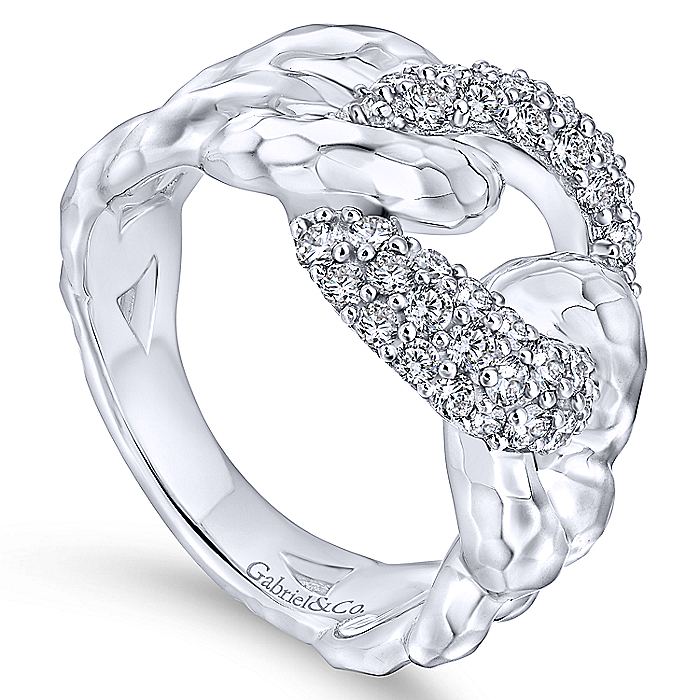 Sterling Silver Hammered White Sapphire Chain Link Ring