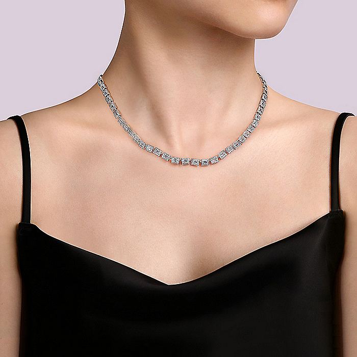 Gabriel & Co. 14 Karat White Gold 3.01 Carat Diamond Baguette Halo Station 16 Inch Necklace