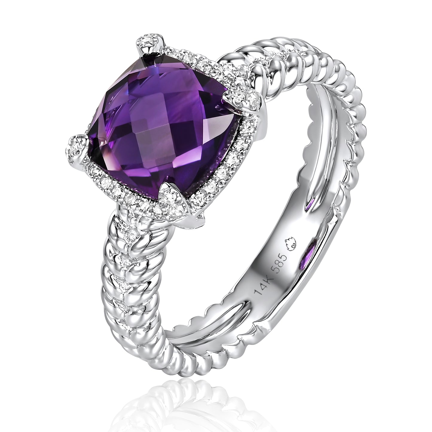 Luvente 14 Karat White Gold Cushion Cut Amethyst Ring