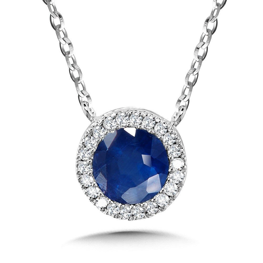 White Gold Round Sapphire Diamond Halo Pendant