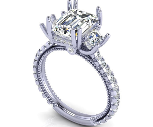 Verragio White Gold Emerald Cut Three Stone Hidden Halo Semi-Mount Engagement Ring - Diamond Semi-Mount Rings