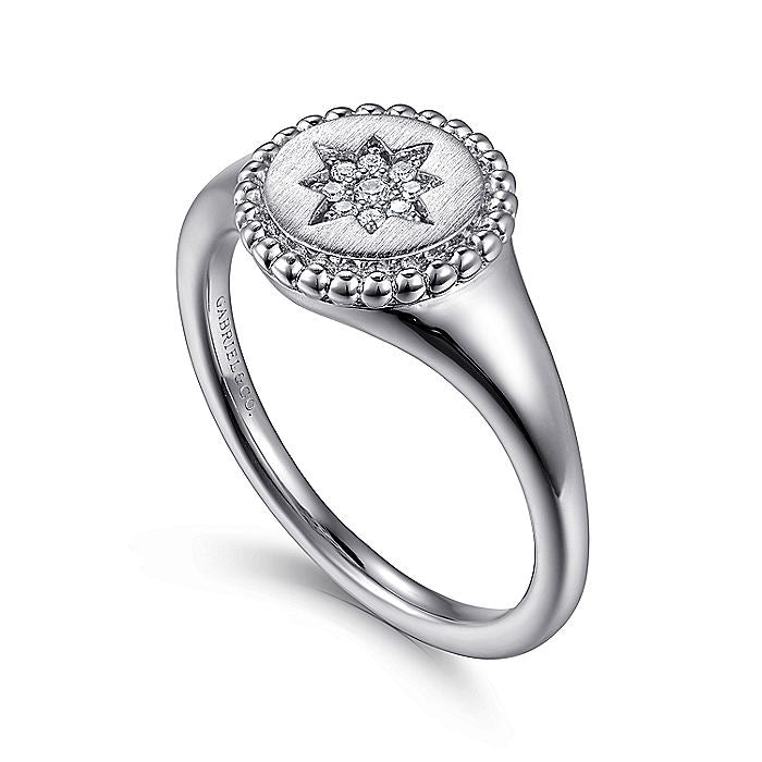 Gabriel & Co. Sterling Silver Signet Ring with Diamond Star