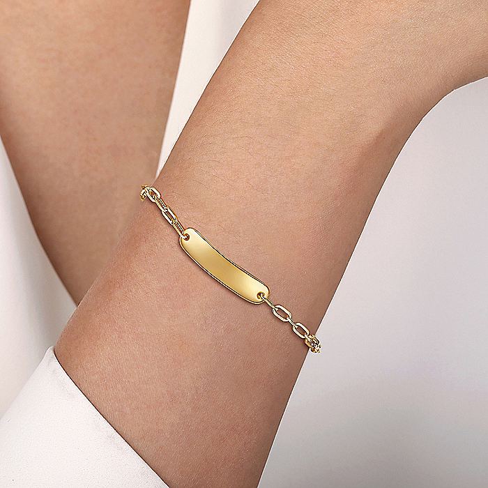 Gabriel & Co.Yellow Gold Hollow Paperclip Style Chain with Engravable Bar Bracelet