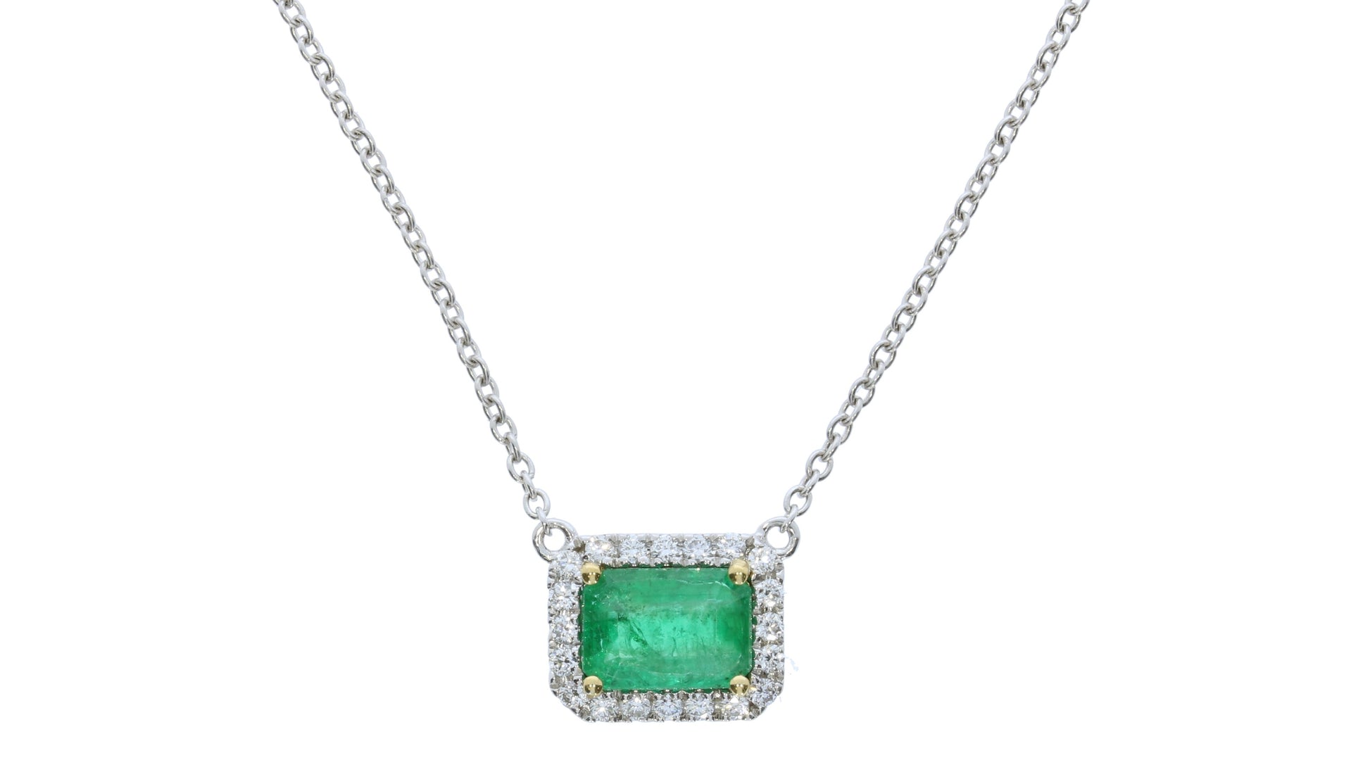 Ladies 18 Karat White and Yellow Gold Emerald Necklace - Colored Stone Necklace