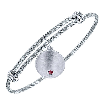 Gabriel & Co Adjustable Stainless Steel Bangle with Round Sterling Silver Ruby Stone Disc Charm - Silver Bracelets
