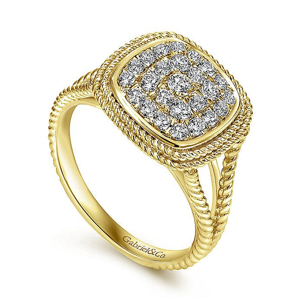 Gabriel & Co Yellow Gold Twisted Cushion Shaped Pave Diamond Ring