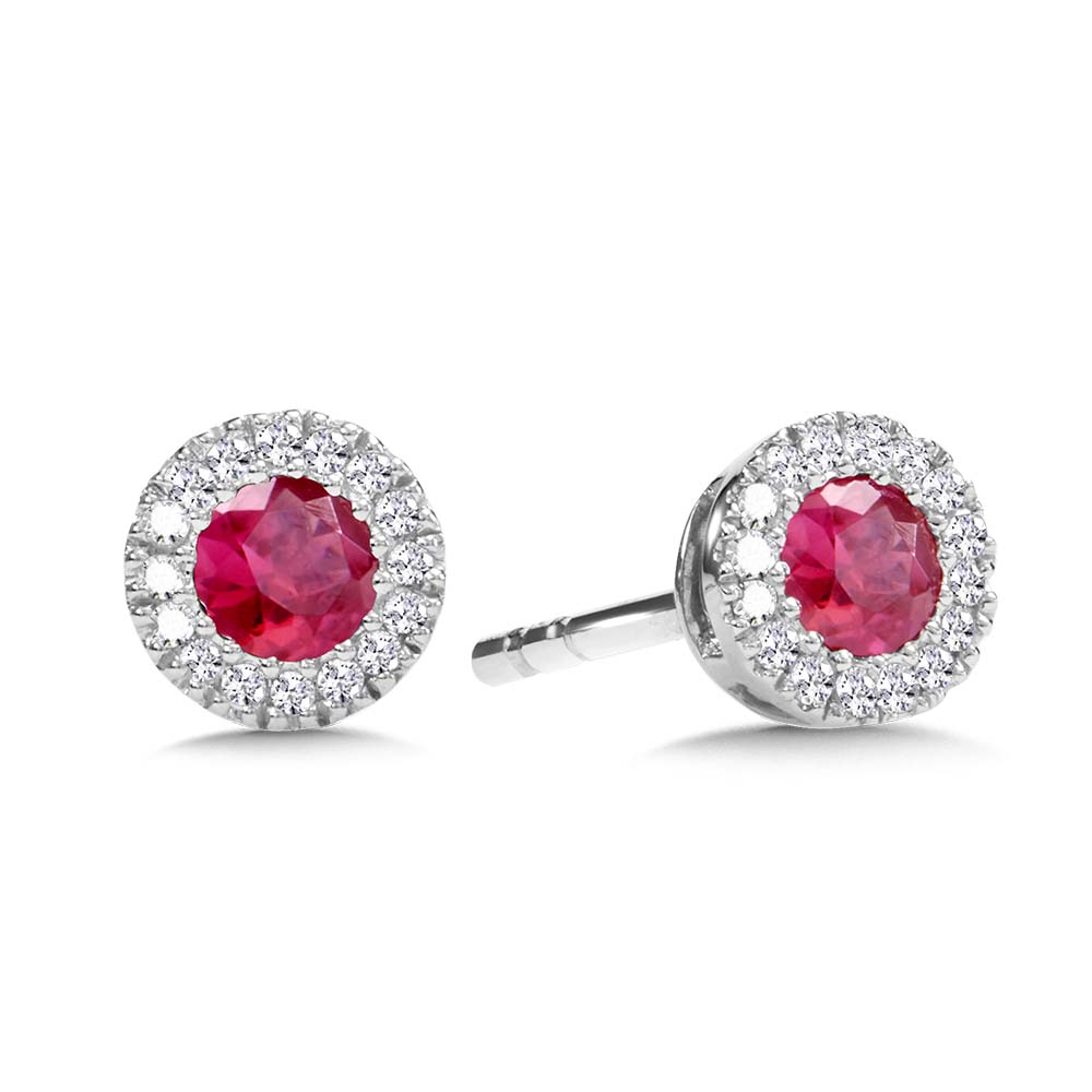 White Gold Round Halo Ruby and Diamond Earrings - Colored Stone Earrings