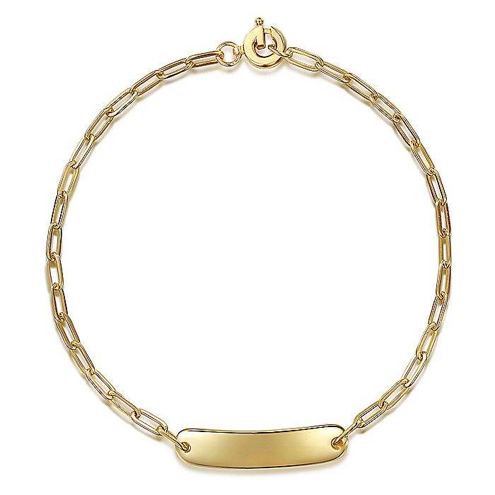 Gabriel & Co.Yellow Gold Hollow Paperclip Style Chain with Engravable Bar Bracelet