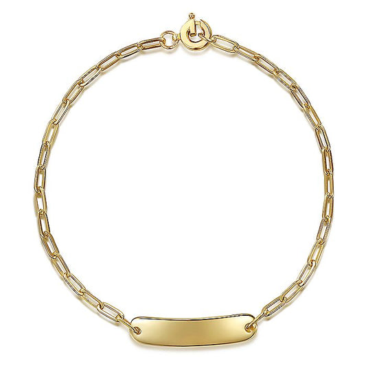 Gabriel & Co.Yellow Gold Hollow Paperclip Style Chain with Engravable Bar Bracelet