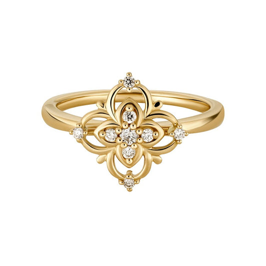 Yellow Gold Filigree Diamond Ring - Diamond Fashion Rings - Women's