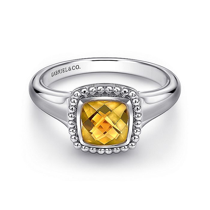 Gabriel & Co Sterling Silver Beaded Cushion Cut Citrine Ring - Colored Stone Rings - Women's