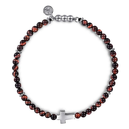 Gabriel & Co Sterling Silver Brownish Red Tiger Eye Cross Bracelet - Gents Bracelet