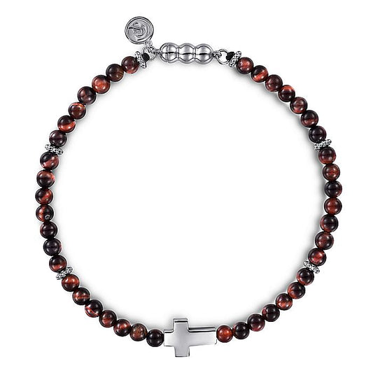 Gabriel & Co Sterling Silver Brownish Red Tiger Eye Cross Bracelet