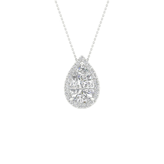 White Gold Laboratory Grown Pear Shaped Diamond Halo Pendant - Diamond Pendants