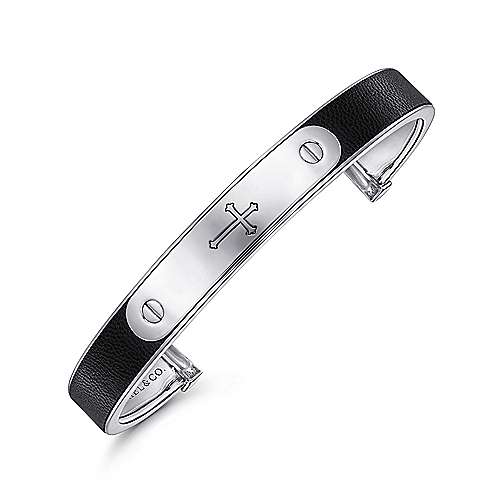 Gabriel & Co Sterling Silver and Leather Open Cross ID Bracelet - Gents Bracelet