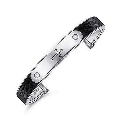 Gabriel & Co Sterling Silver and Leather Open Cross ID Bracelet - Gents Bracelet