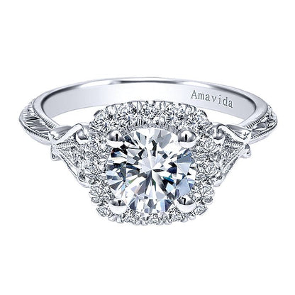 Amavida White Gold Engraved Halo Engagement Ring