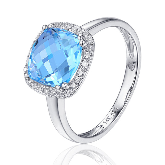 Luvente White Gold Blue Topaz And Diamond Halo Ring