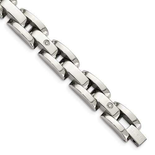Stainless Steel 8.5 Inch Polished With 14 Karat White Gold And Diamonds - Gents Bracelet