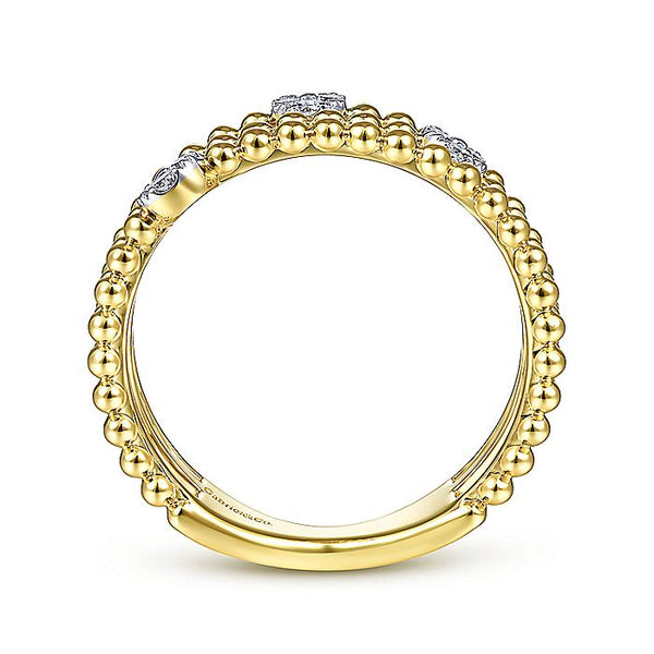Gabriel & Co Yellow Gold Three Row Beaded Ring with Pave Diamond Cluster Stations