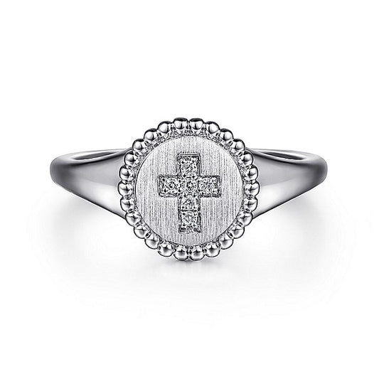 Gabriel & Co. Sterling Silver Signet Ring with Diamond Cross