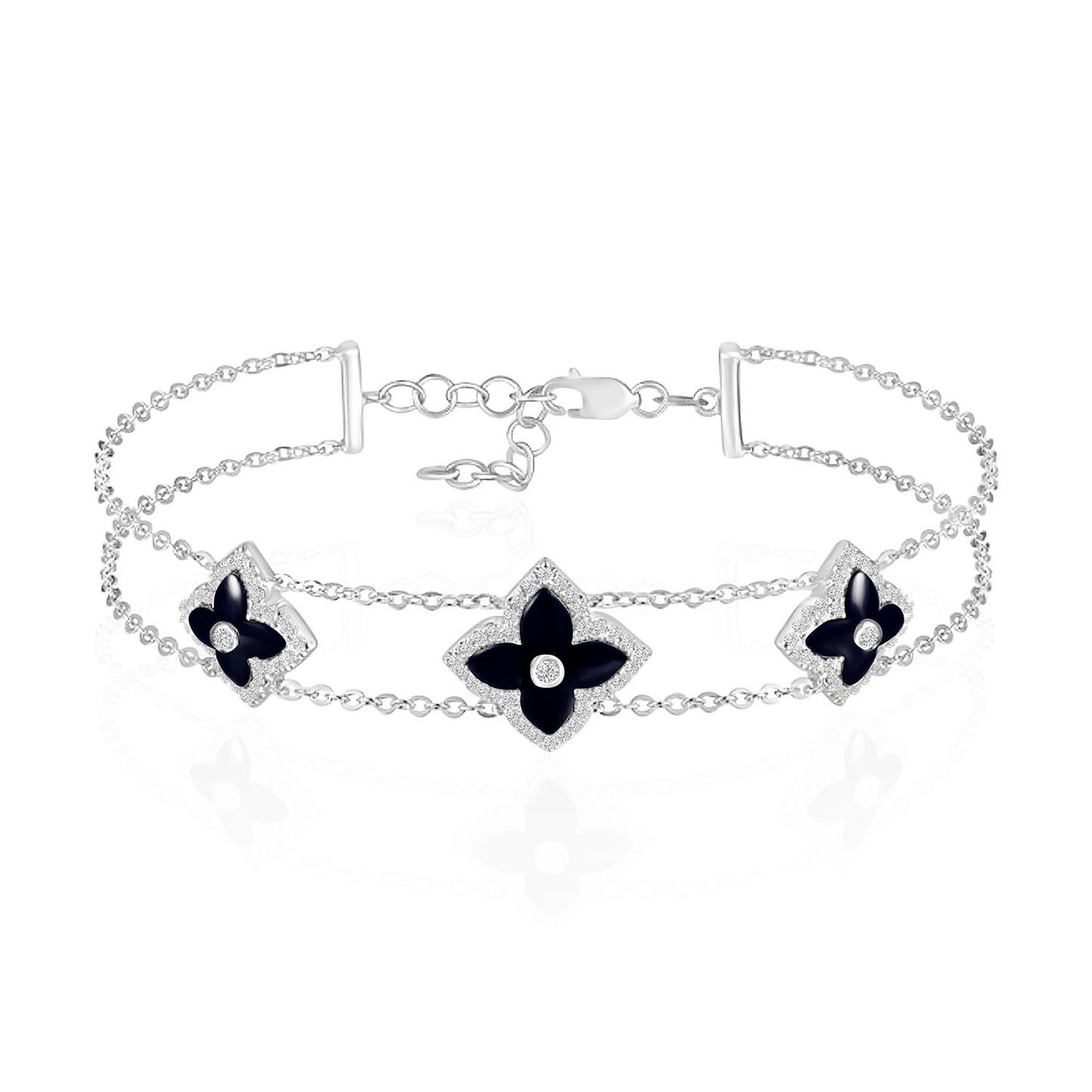Luvente White Gold Black Onyx And Diamond Flower Bracelet