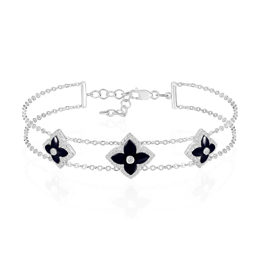 Luvente White Gold Black Onyx And Diamond Flower Bracelet - Colored Stone Bracelets