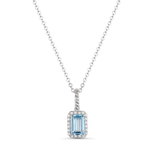 Luvente White Gold Blue Topaz & Diamond Drop Halo Pendant