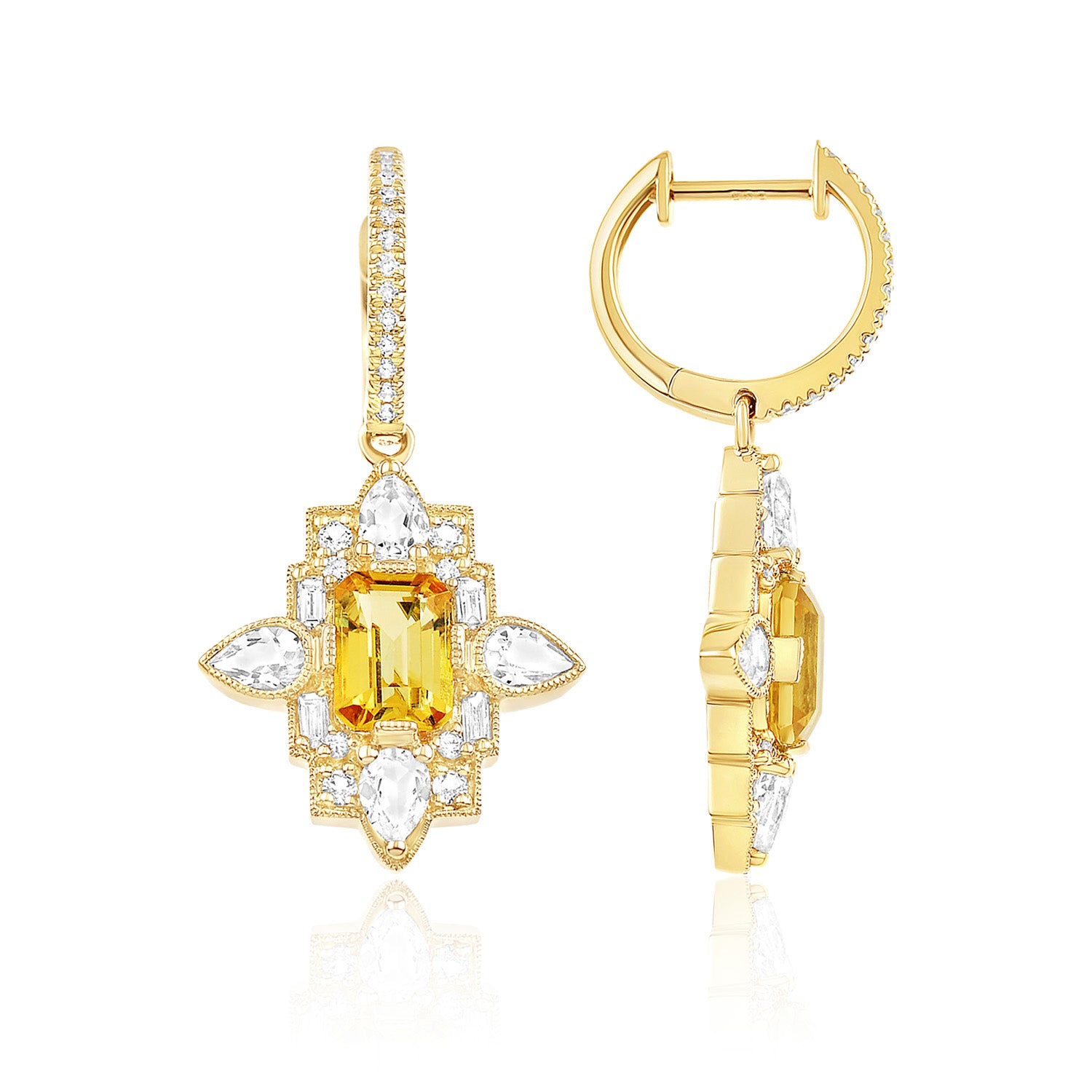 Luvente 14 Karat Yellow Gold Floral Art Deco Earrings - Colored Stone Earrings