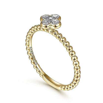 Gabriel & Co. Yellow Gold Diamond Cluster Clover and Bujukan Bead Ring