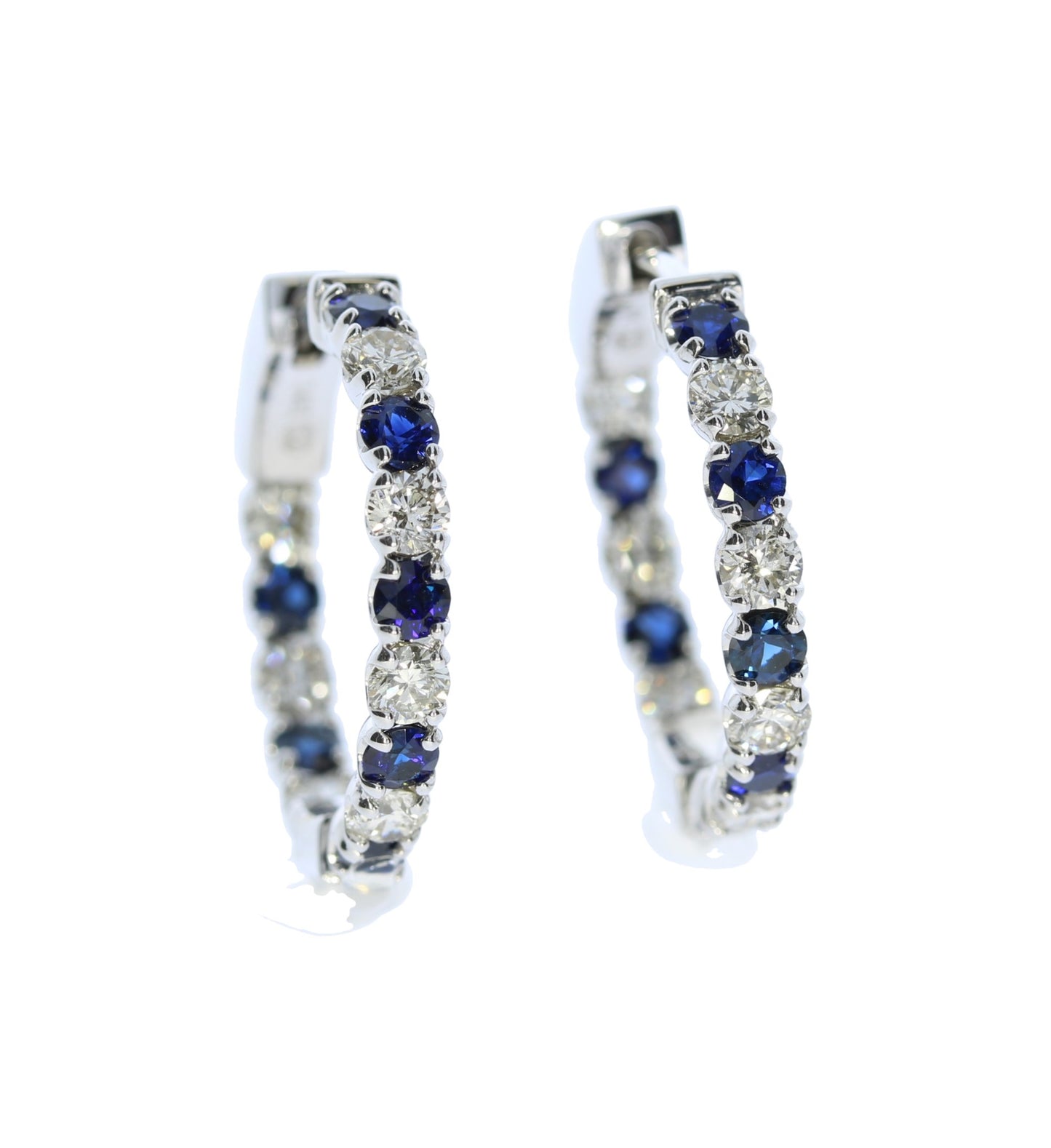 Blue Sapphire and Diamond White Gold In and Out Hoop Earrings