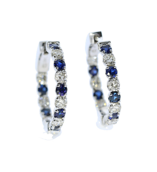Blue Sapphire and Diamond White Gold In and Out Hoop Earrings - Colored Stone Earrings