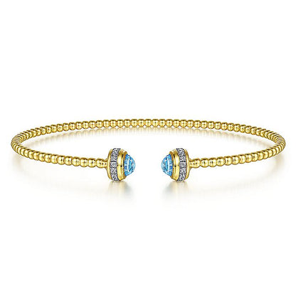 Gabriel & Co Yellow Gold Diamond and Blue Topaz Bujukan Open Bangle - Colored Stone Bracelets