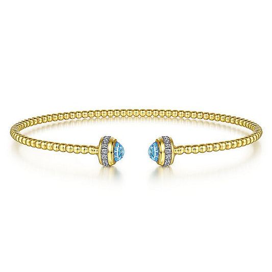 Gabriel & Co Yellow Gold Diamond and Blue Topaz Bujukan Open Bangle