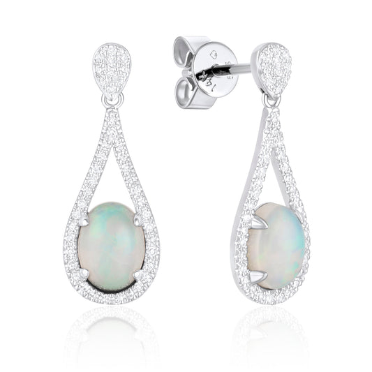 Luvente White Gold Opal Drop Diamond Earrings - Colored Stone Earrings