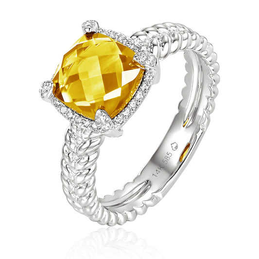 Luvente 14 Karat White Gold Cushion Cut Citrine Diamond Ring - Colored Stone Rings - Women's