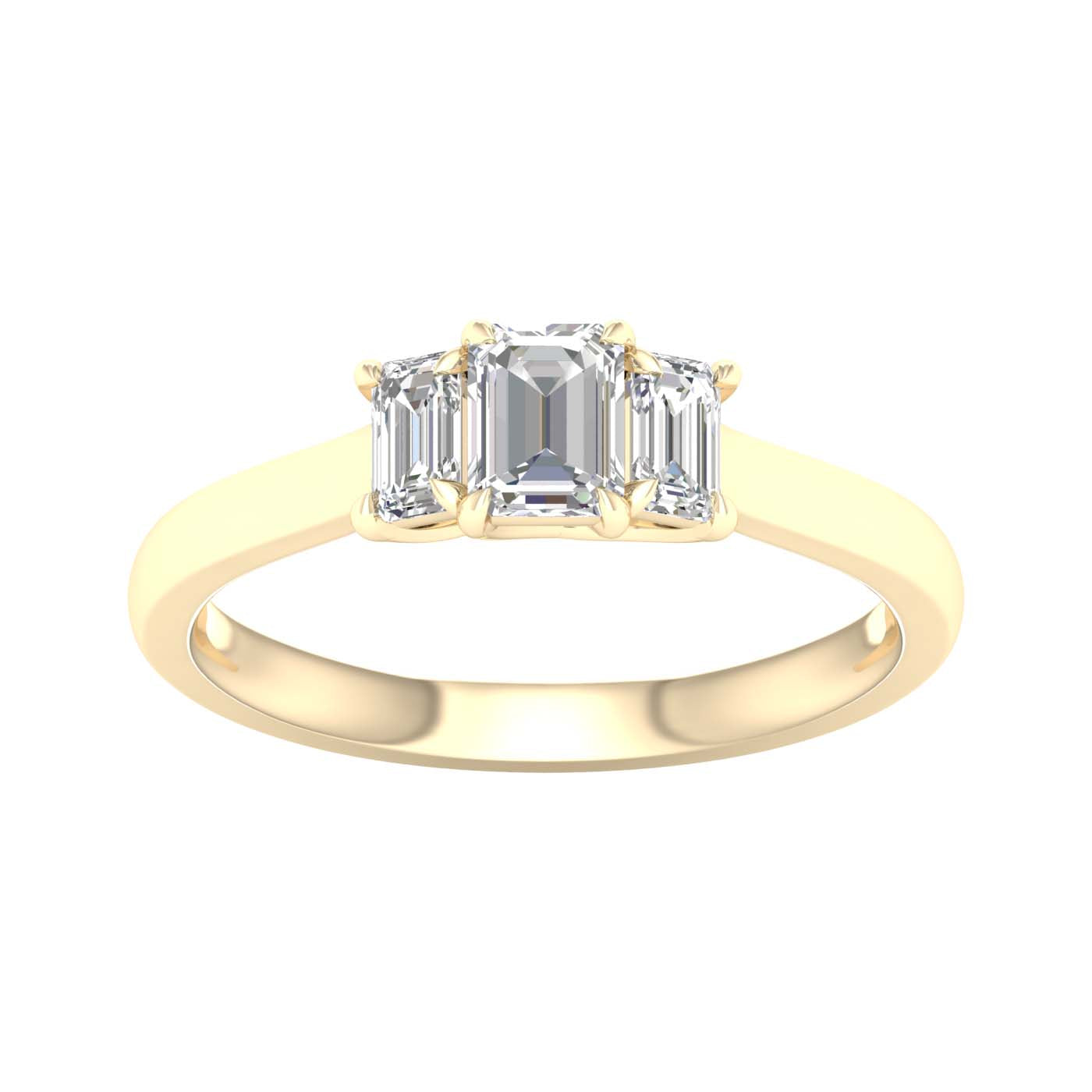 Yellow Gold Laboratory Grown Three Stone Emerald Cut Engagement Ring
