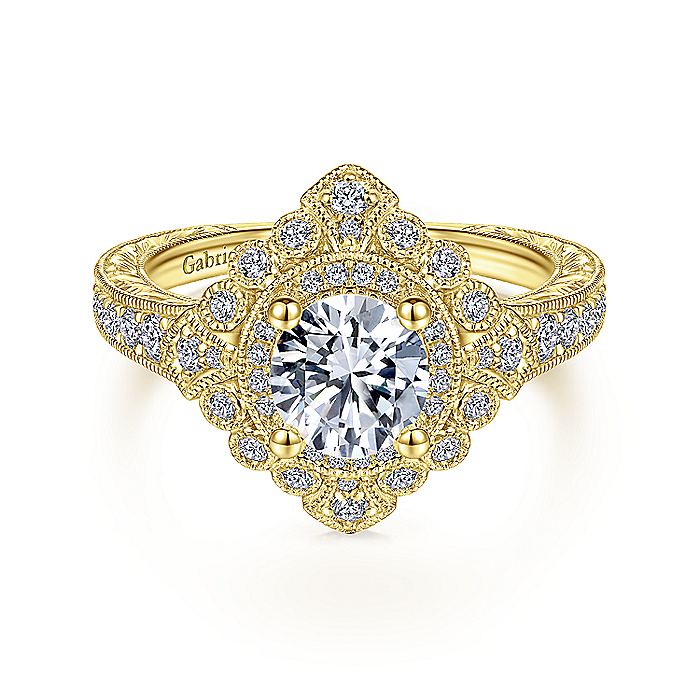 Gabriel & Co Yellow Gold Art Deco Double Halo Semi-Mount Engagement Ring - Diamond Semi-Mount Rings